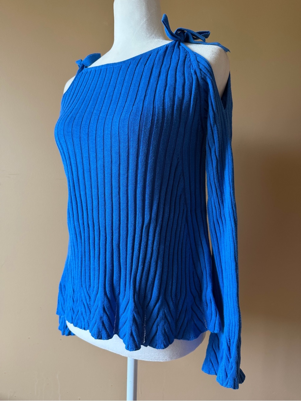 ECI New York Royal Blue Ribbed Knit Cold Shoulder Tie Sweater